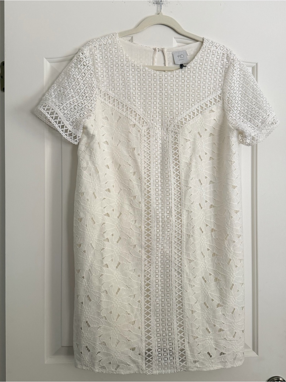 Anthropologie HD in Paris White Lace Shift Dress Size L Crochet Eyelet